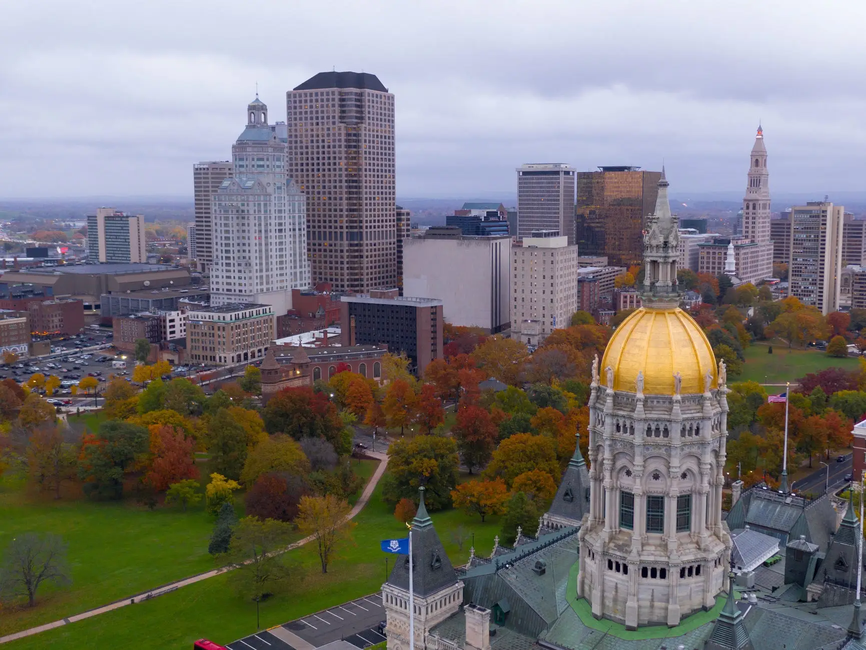 Hartford, Connecticut capitol dome and buildings.