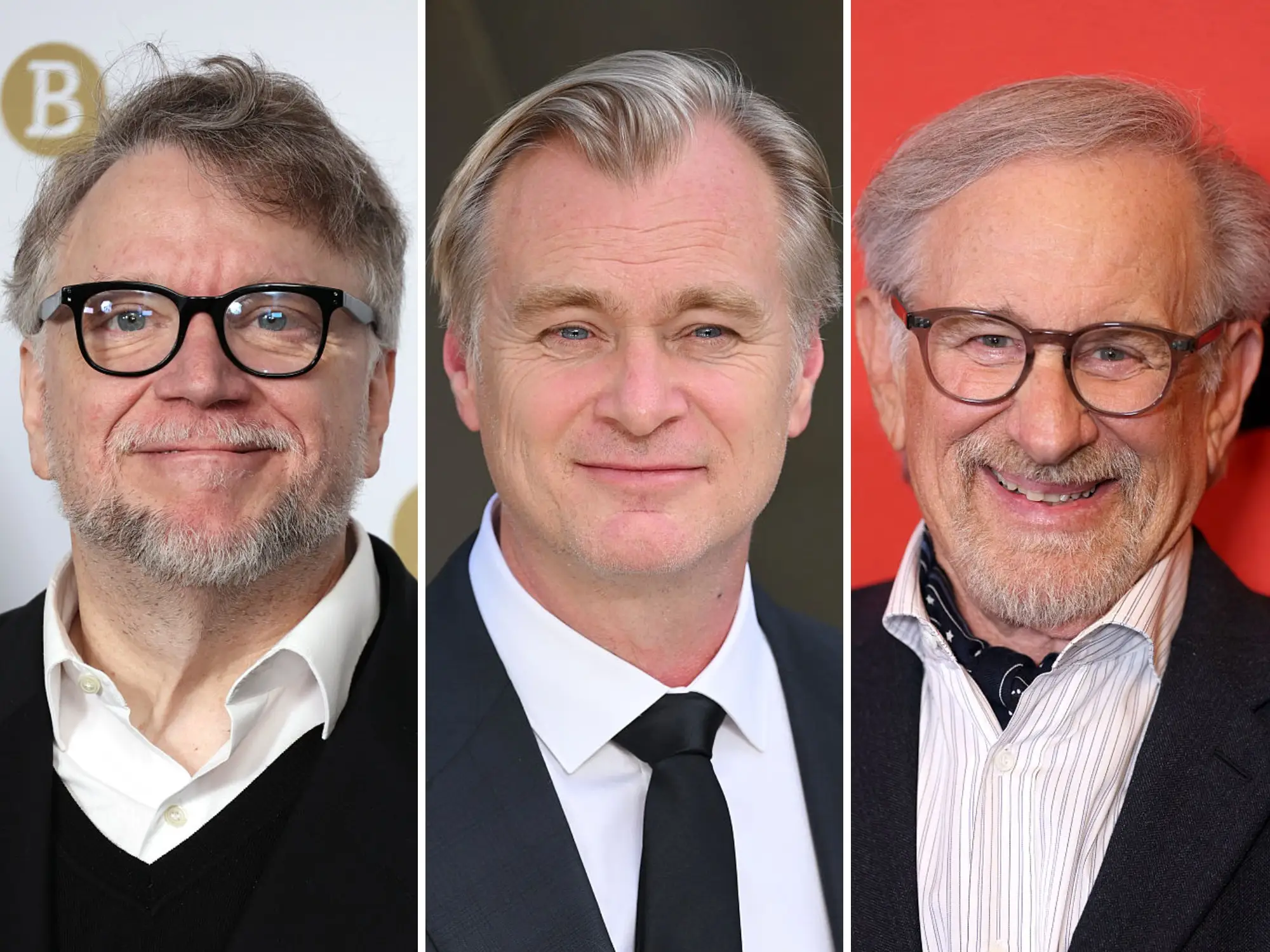 Composite image of Guillermo del Toro, Christopher Nolan, and Steven Spielberg.