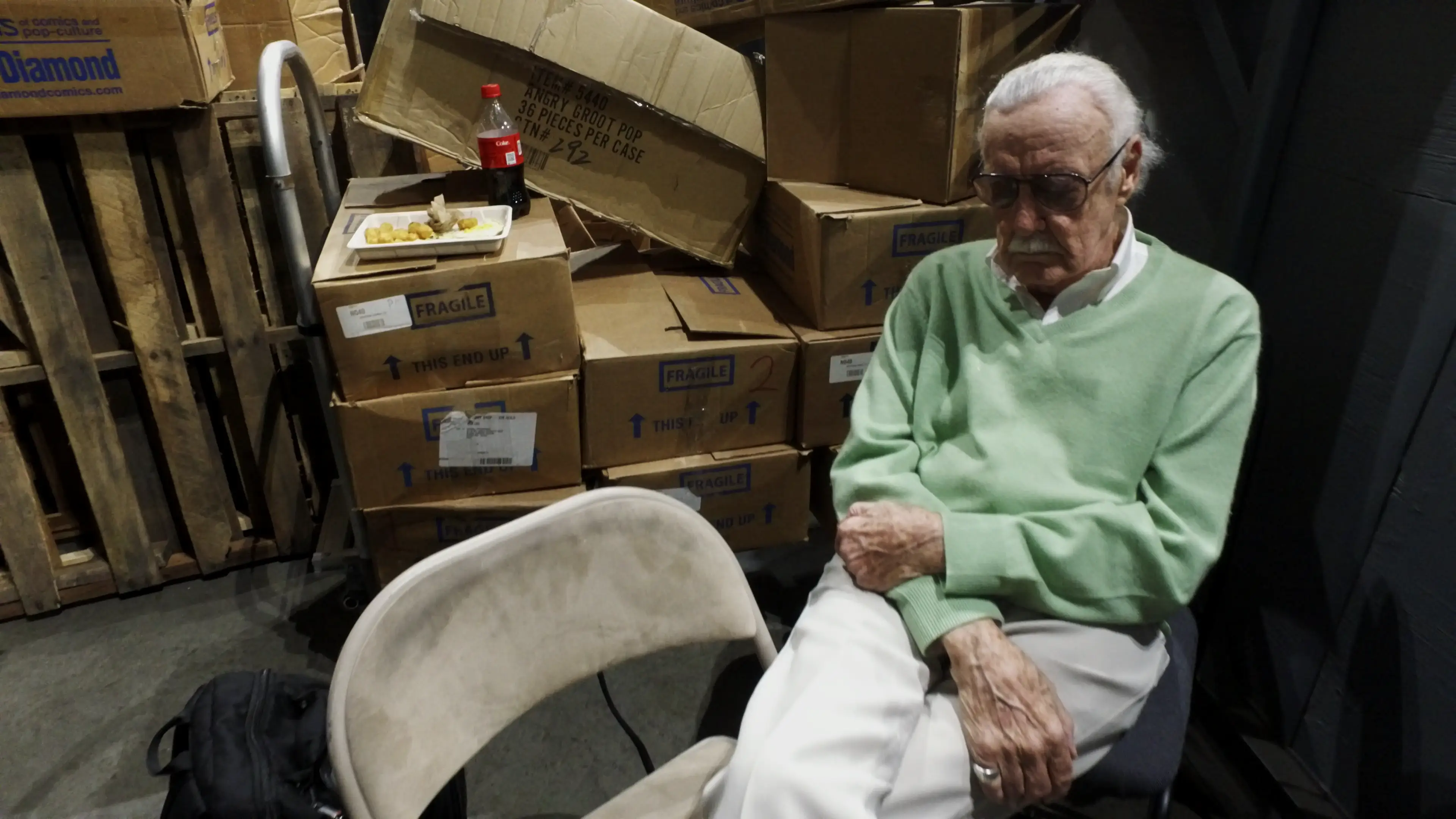 Stan Lee taking a nap next to boxes