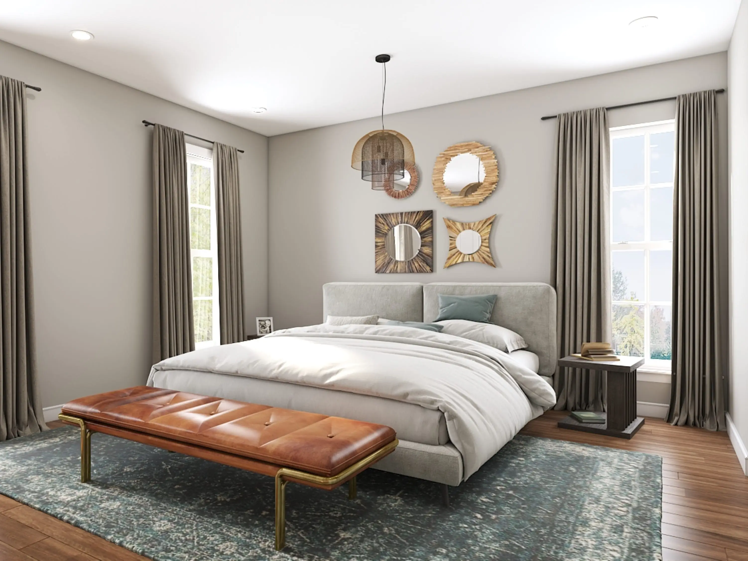 A modern bedroom with a gray upholstered bed, gray curtains, an area rug, and a leather bench.