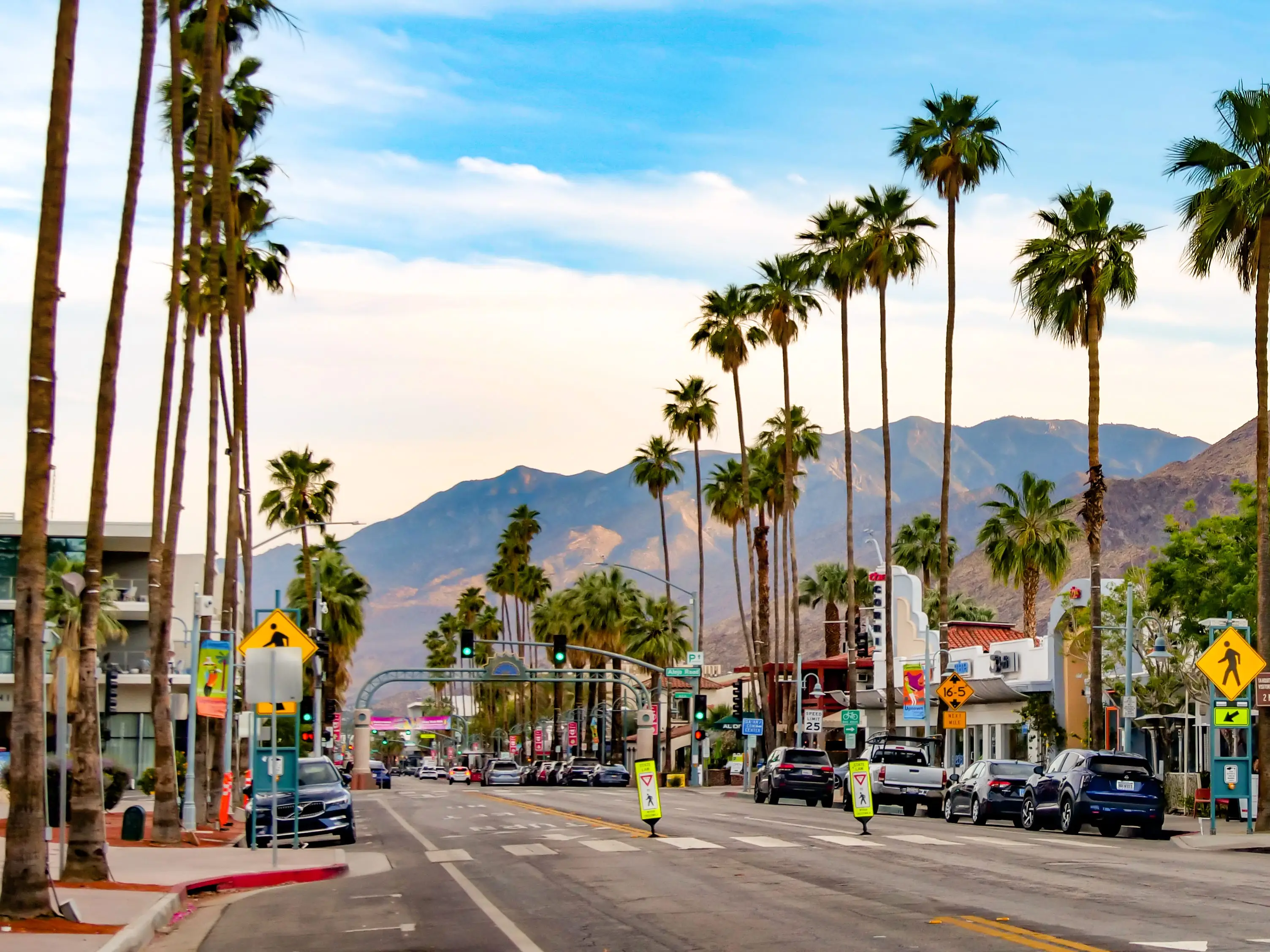 A palm-lined street in downtown Palm Springs, with shops and cars against a mountain backdrop.