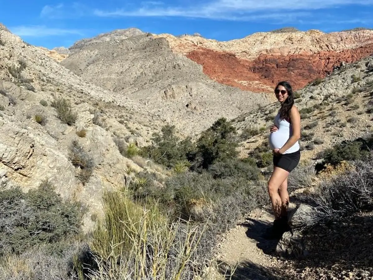 The author stands holding her baby bump with mountains in the background.
