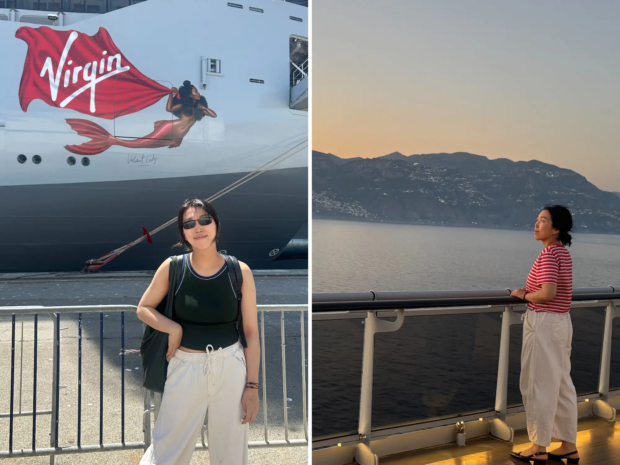 A side-by-side image of the writer in front of a Virgin Voyages cruise ship and an image of the writer standing on the deck of the ship, looking out at the Mediterranean Sea.