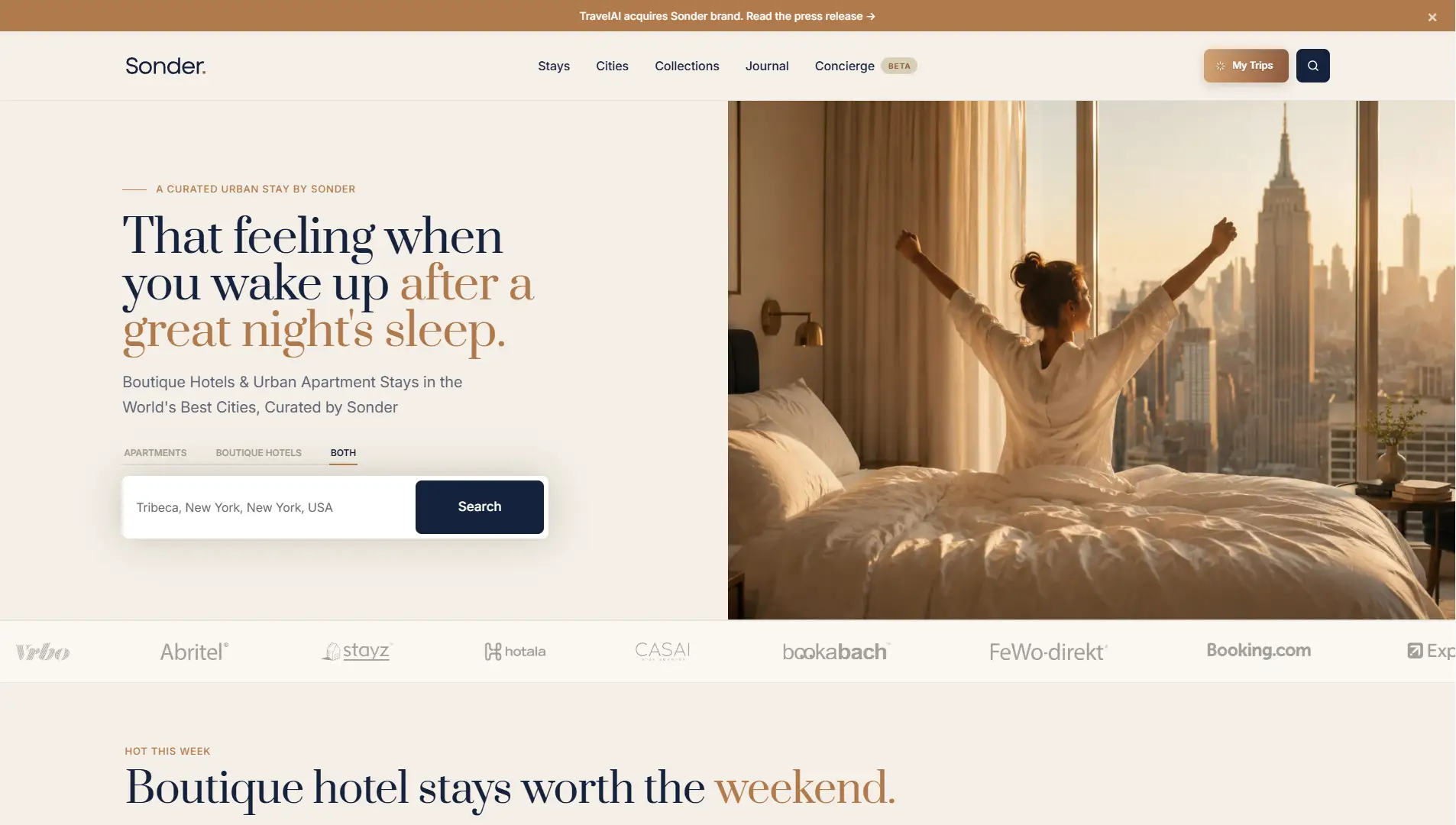 Sonder homepage screenshot shows a hotel bed scene with New York skyline and booking search interface.