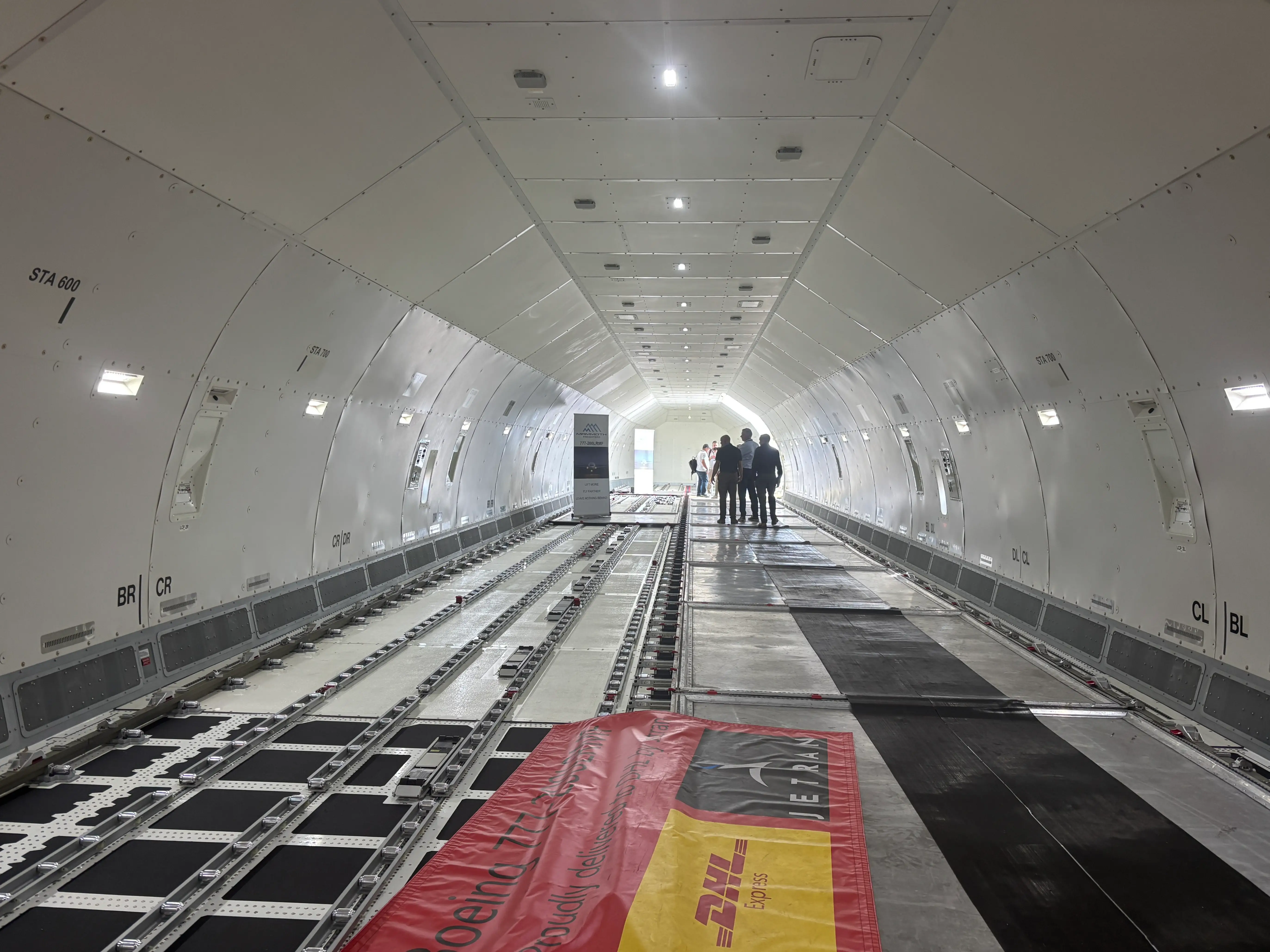 The interior cargo hold of a DHL Boeing 777