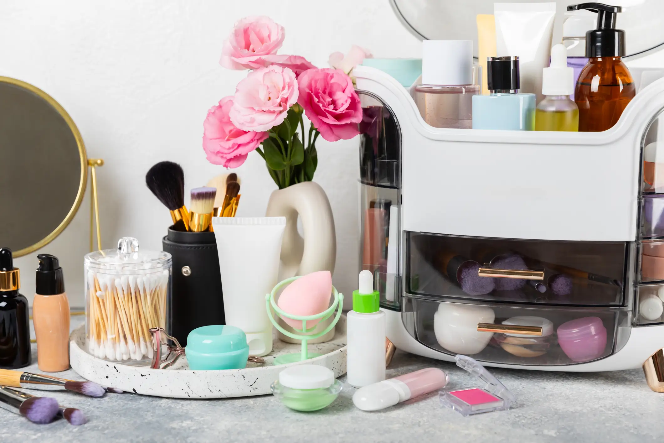 Bathroom products on counter