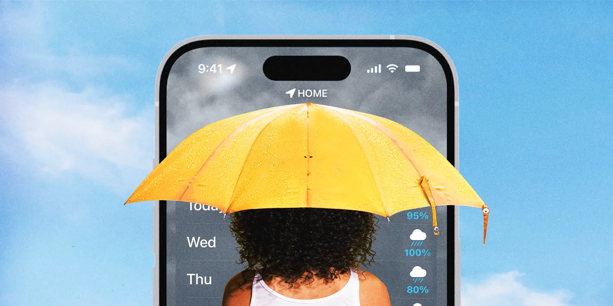 A yellow umbrella covers a person in front of a smartphone displaying a weather forecast against a blue sky.