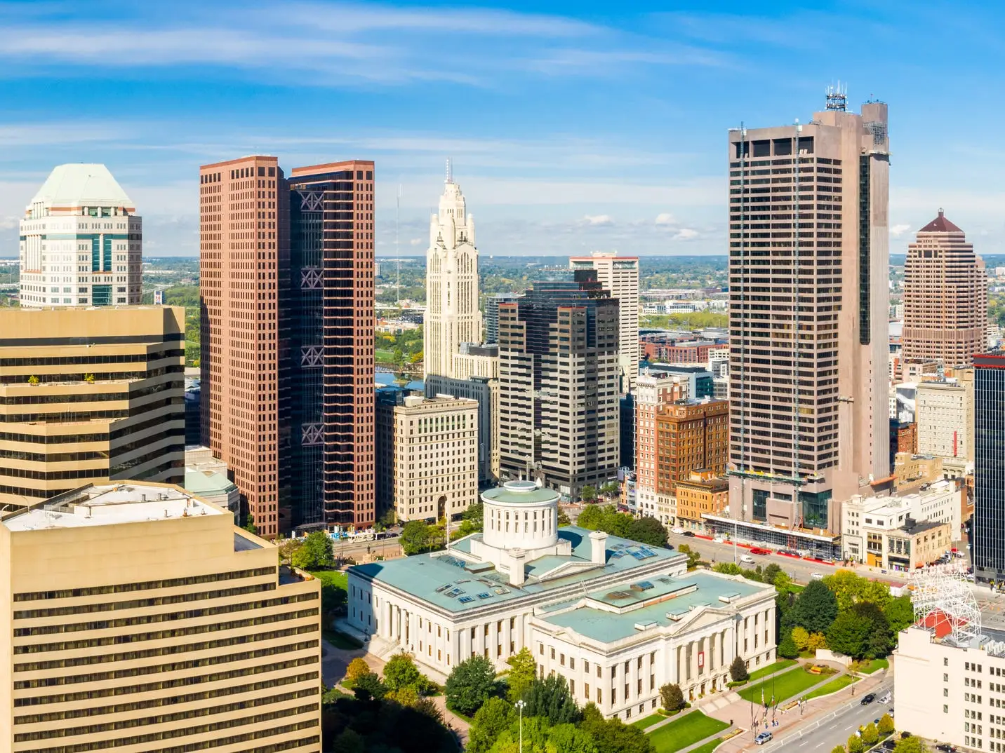 State capitol building among other buildings in Columbus, Ohio.