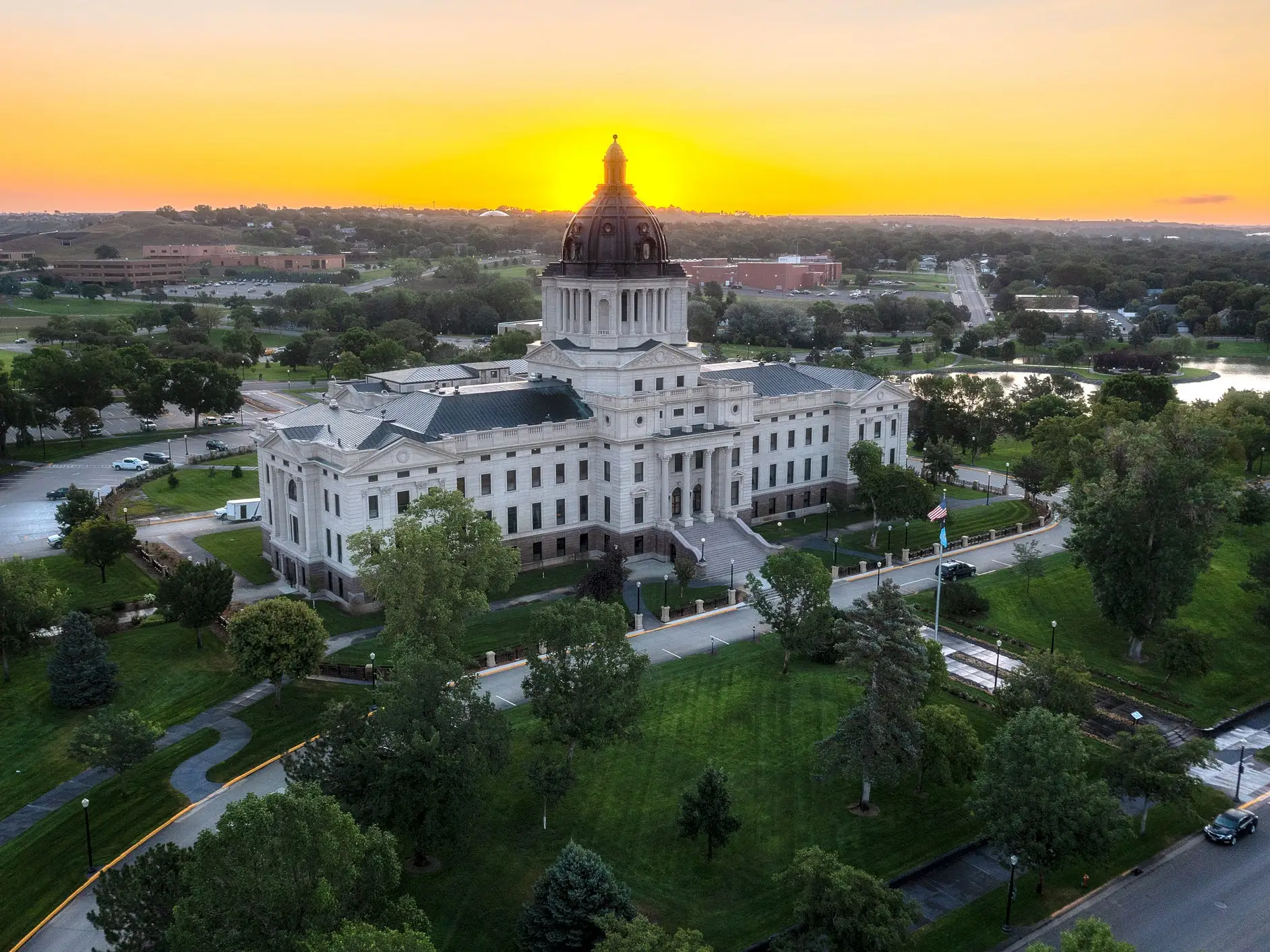 State Capitol building at sunrise in Pierre, South Dakota.