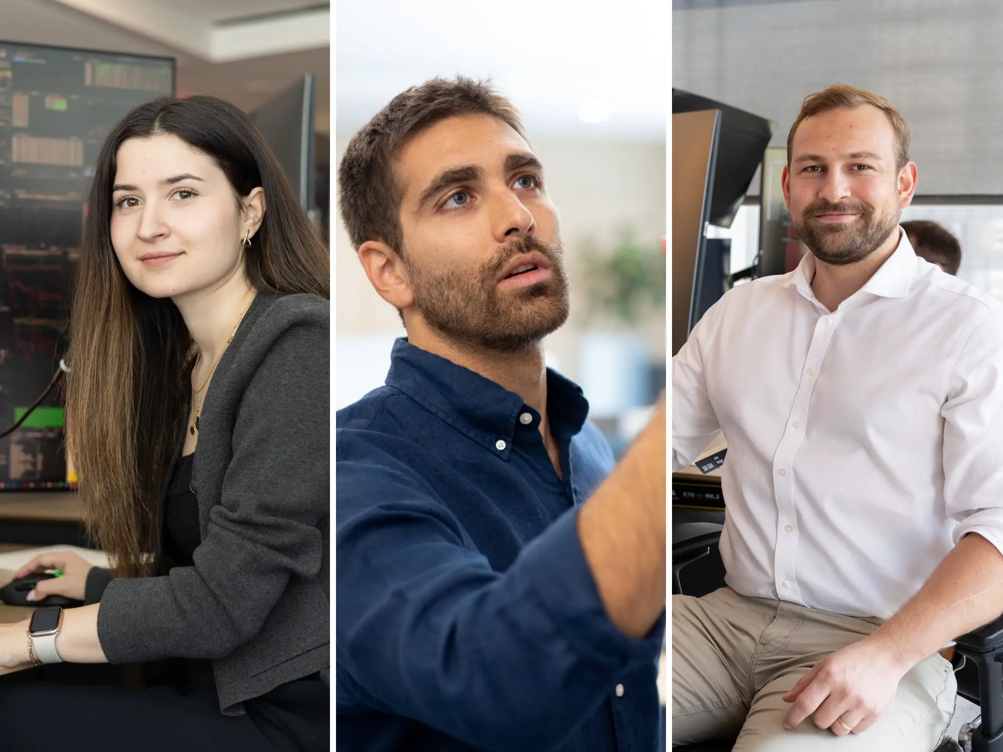 Three office workers pose or work at computer monitors in a split-panel office collage.
