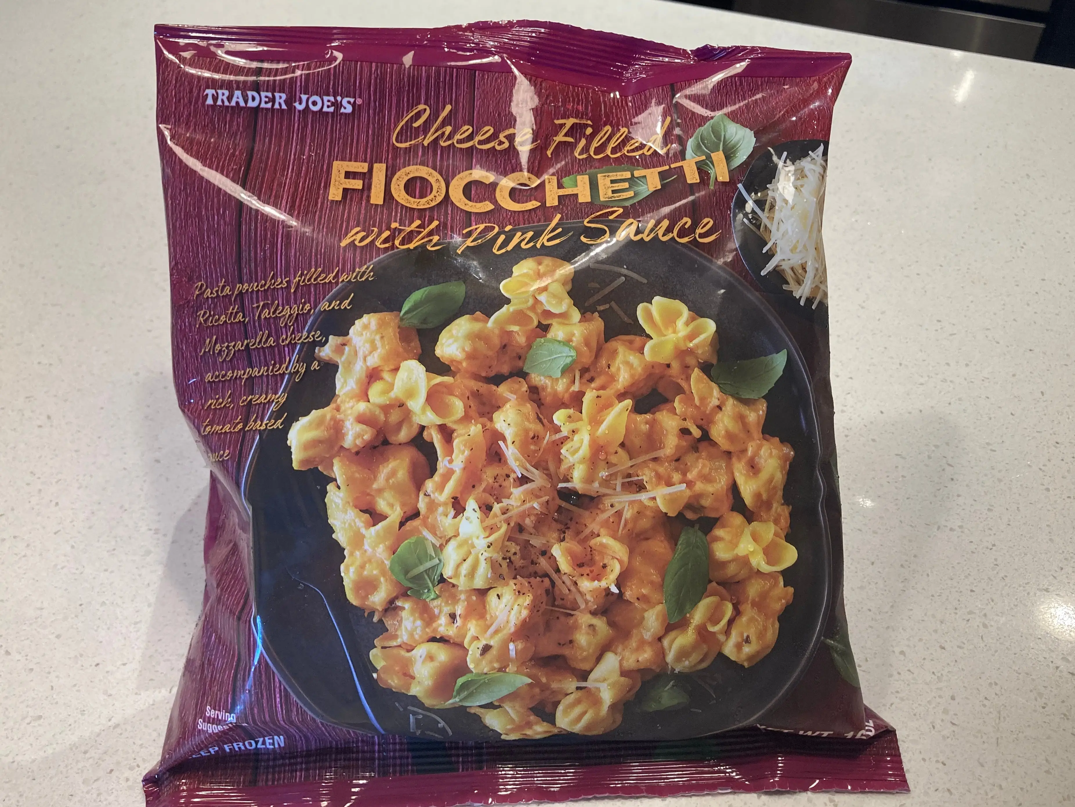 A bag of Trader Joe's cheese-filled Fiochetti sitting on a table.