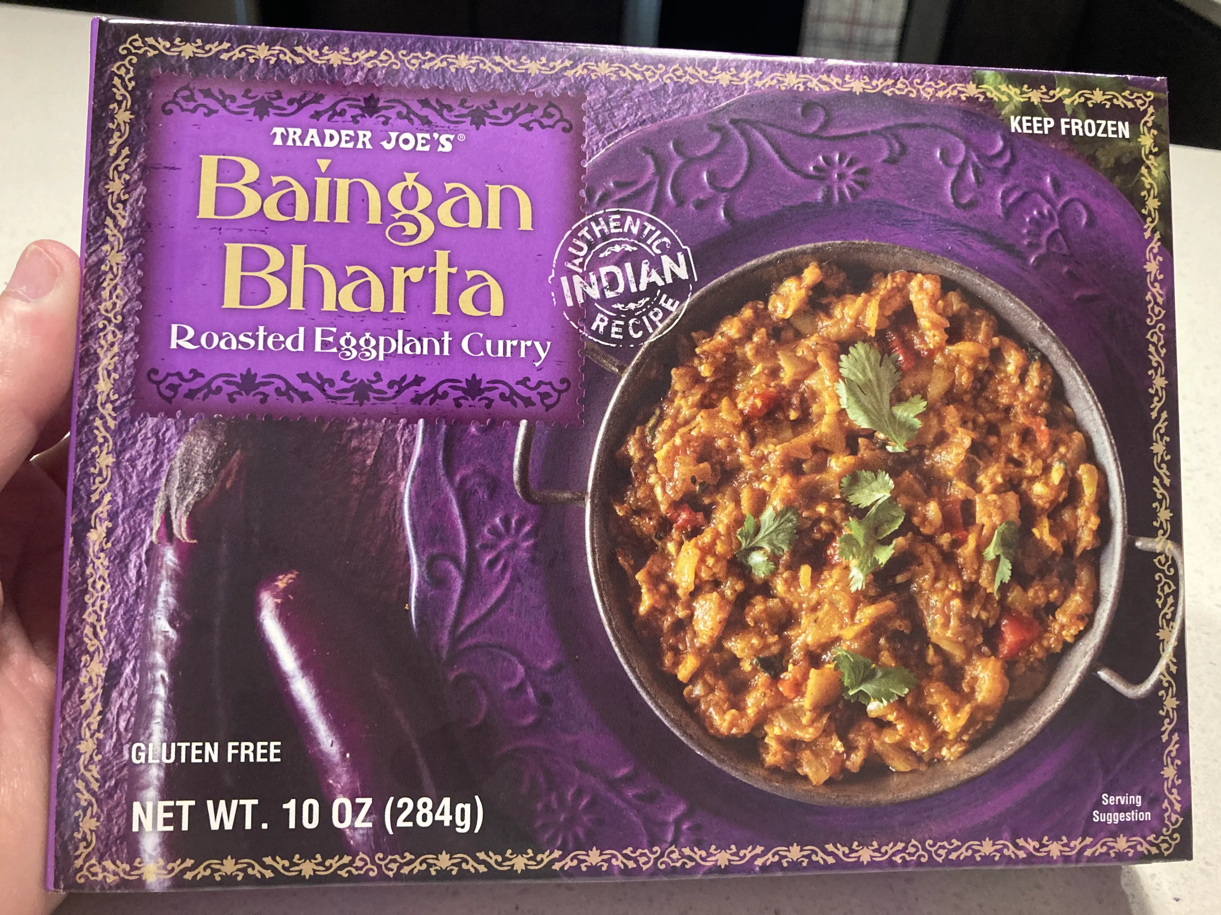 A box of Trader Joe's Baingan Bharta.