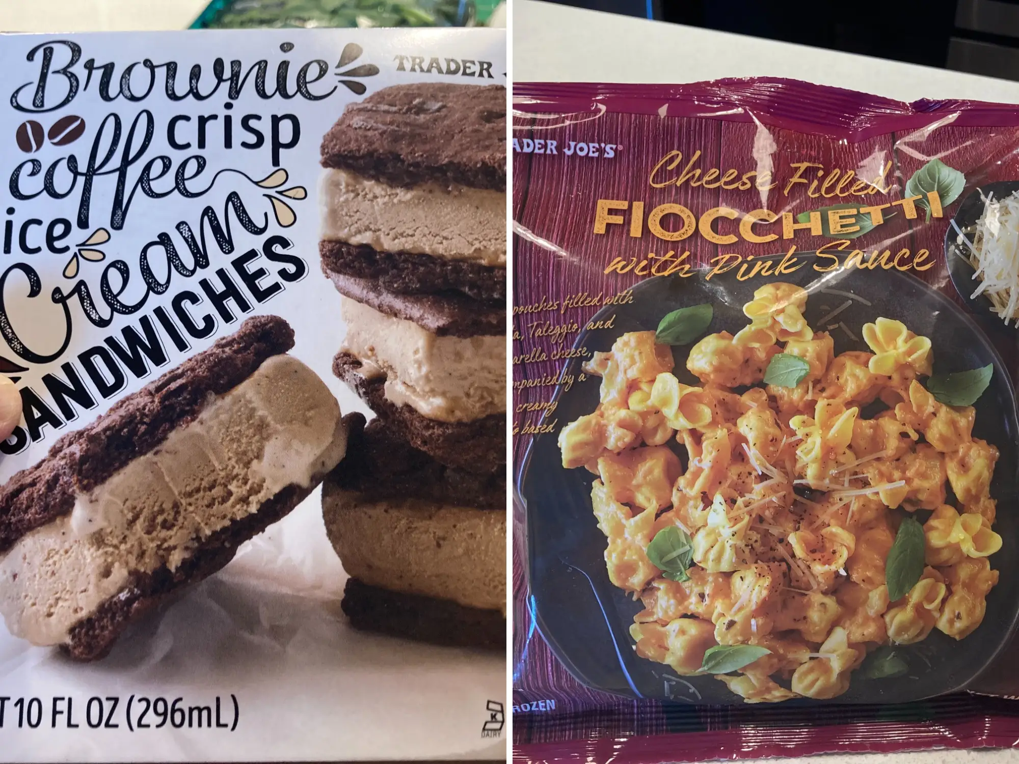 A side-by-side image of Trader Joe's brownie-crisp coffee-ice-cream sandwiches and Trader Joe's cheese-filled Fiocchetti.