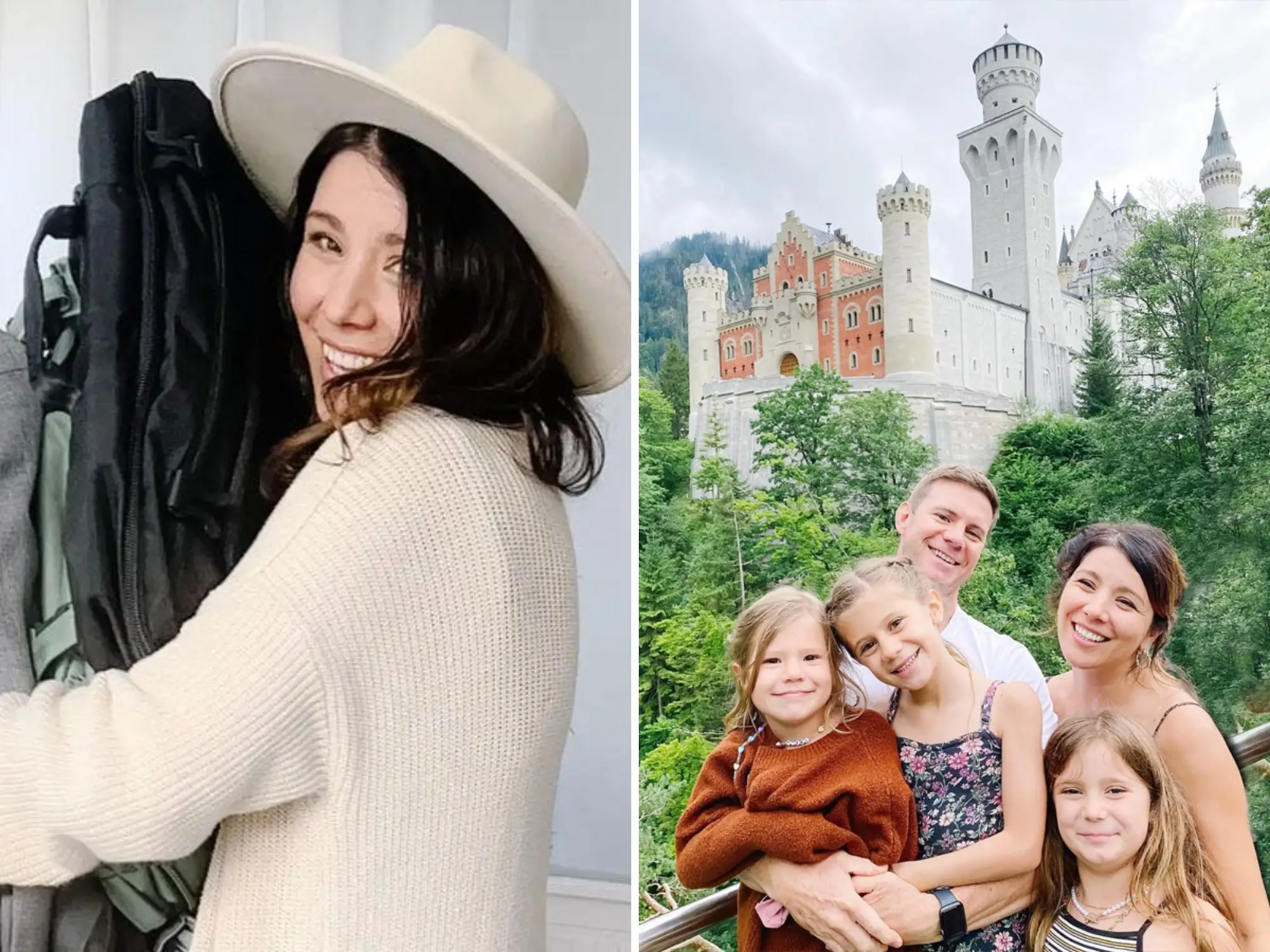 Side by side of woman with packing cubes and family smiling in front of trees