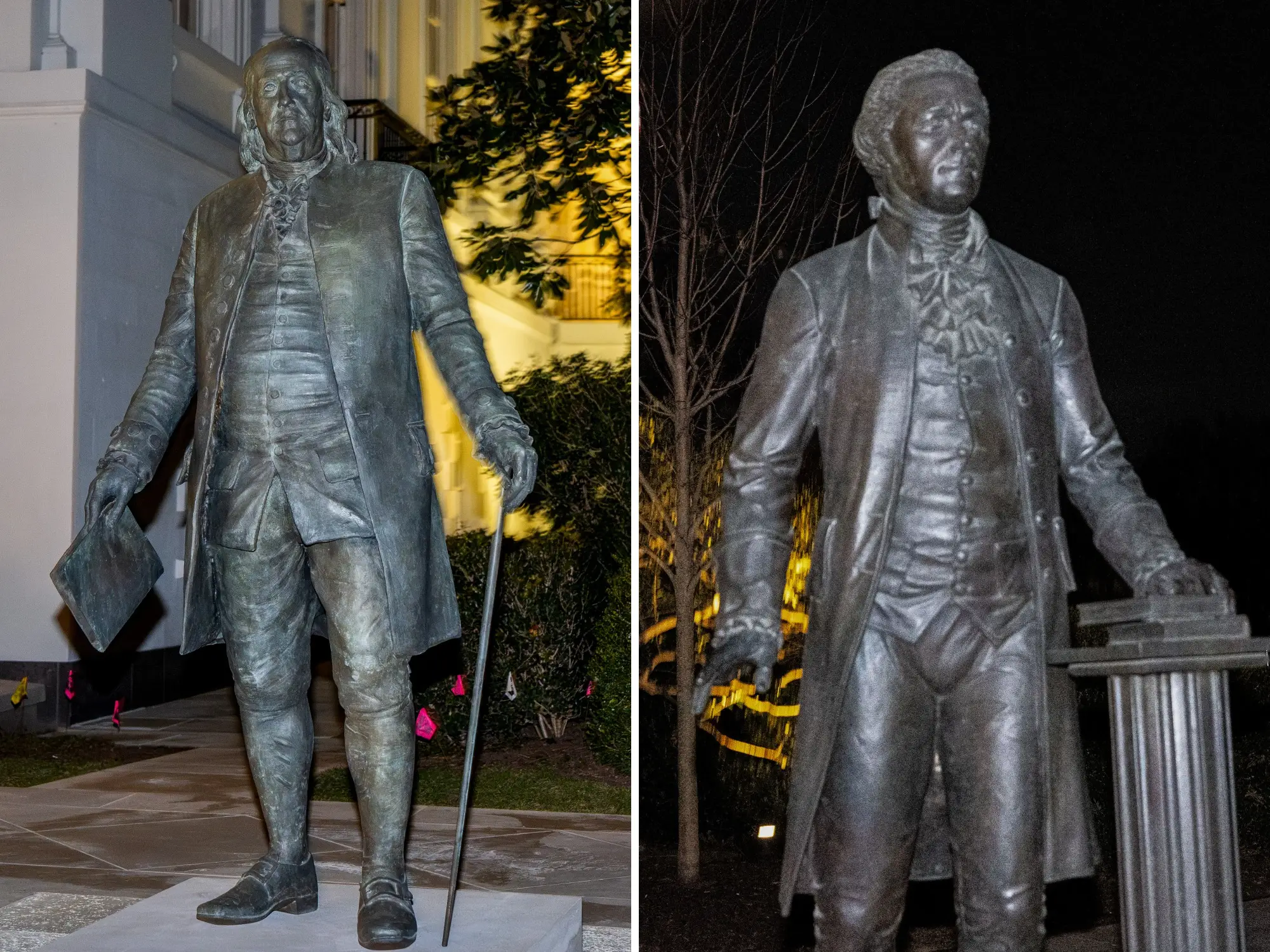 Statues of Benjamin Franklin (left) and Alexander Hamilton in the White House Rose Garden.