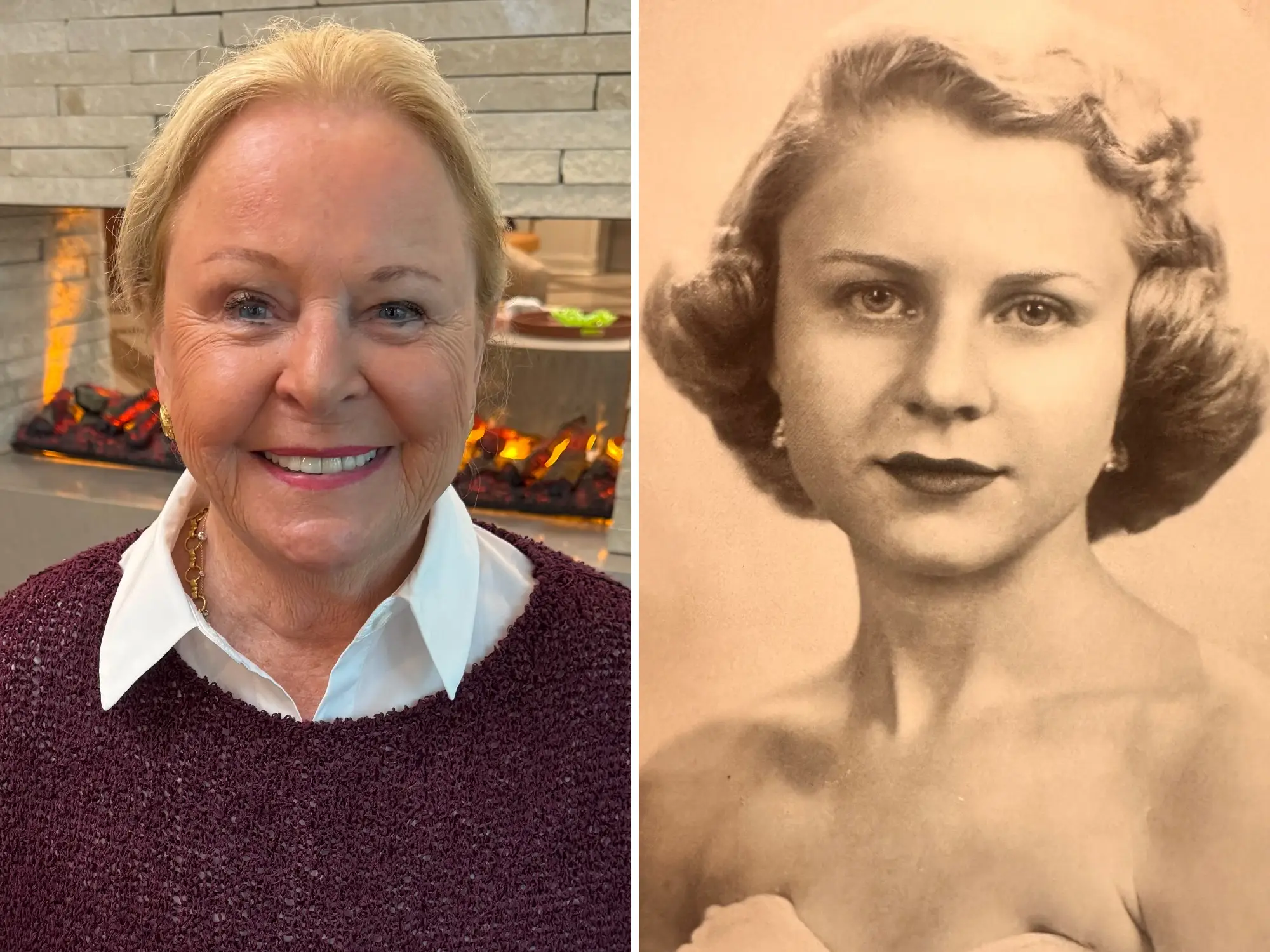 A split image of the same woman, one as an octogenarian and the other as a teenager.