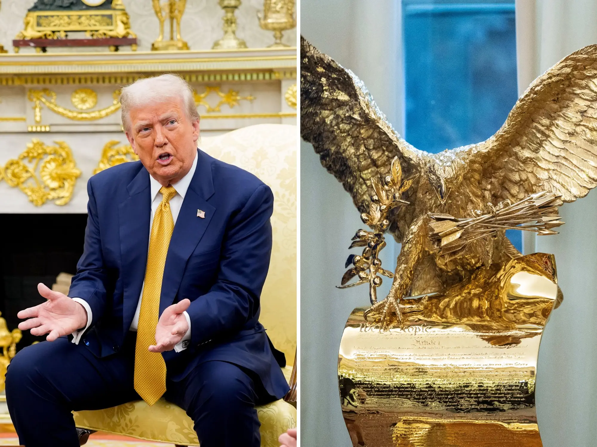 A split image showing President Donald Trump and a gold eagle statue in the Oval Office.