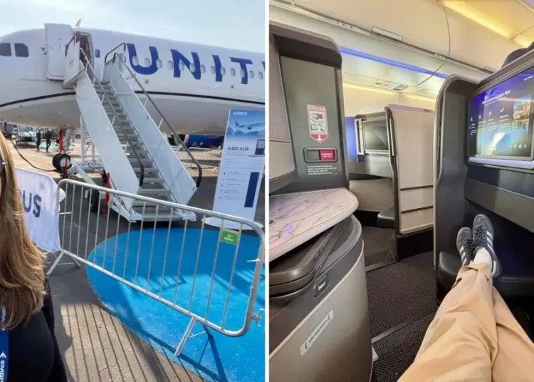 We toured United’s fanciest Airbus jet yet, complete with business-class doors and a snack bar. See inside.