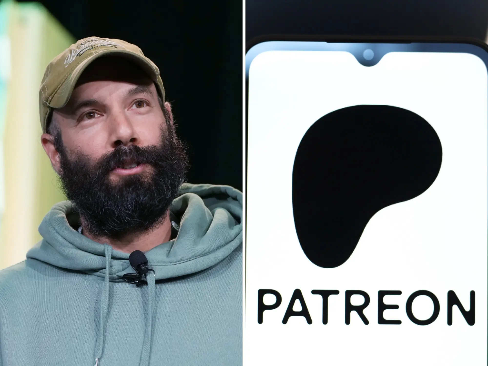 Patreon CEO Jack Conte next to the company's logo.