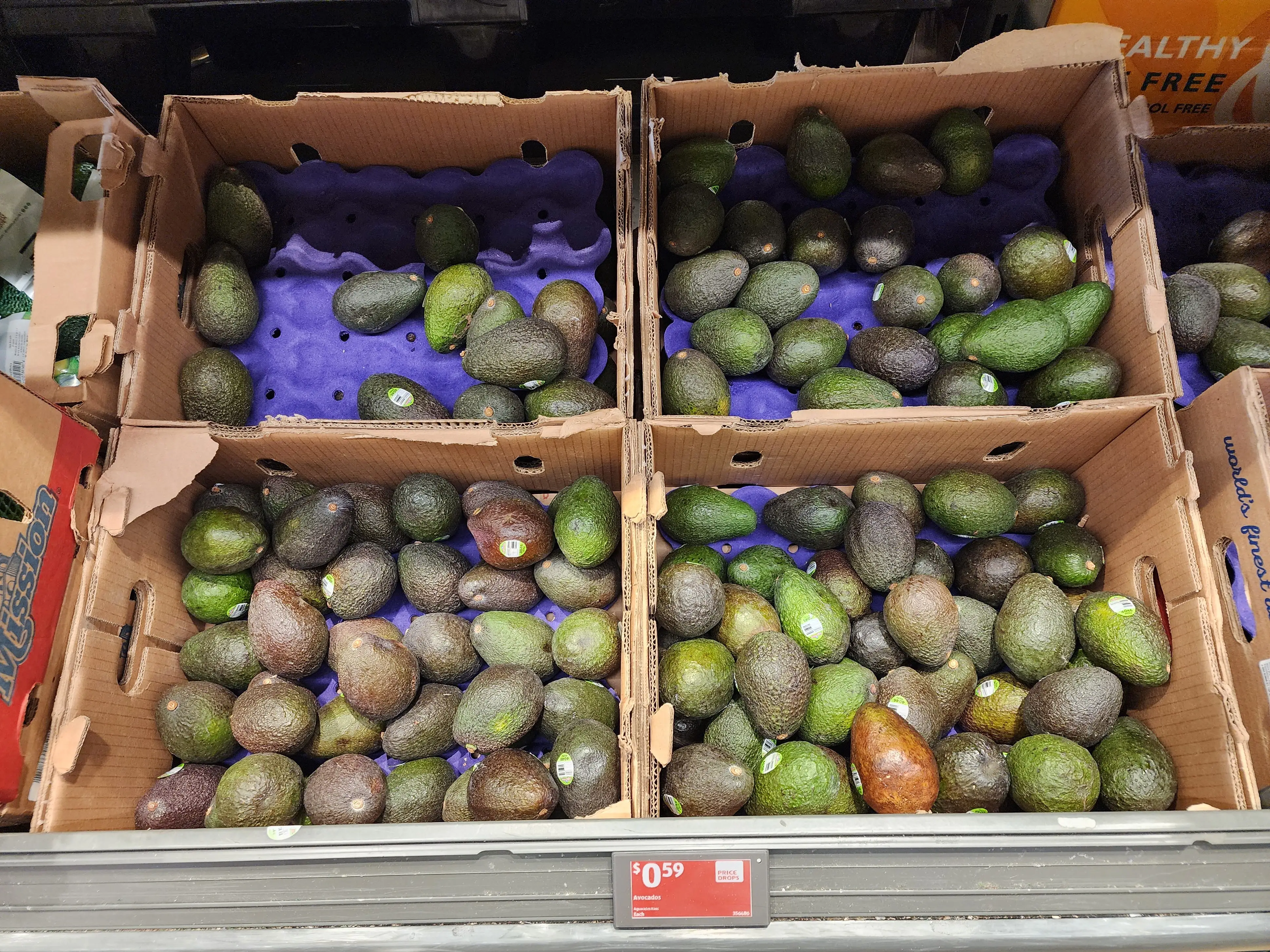 Several cardboard boxes full of avocados sitting on a shelf at Aldi.