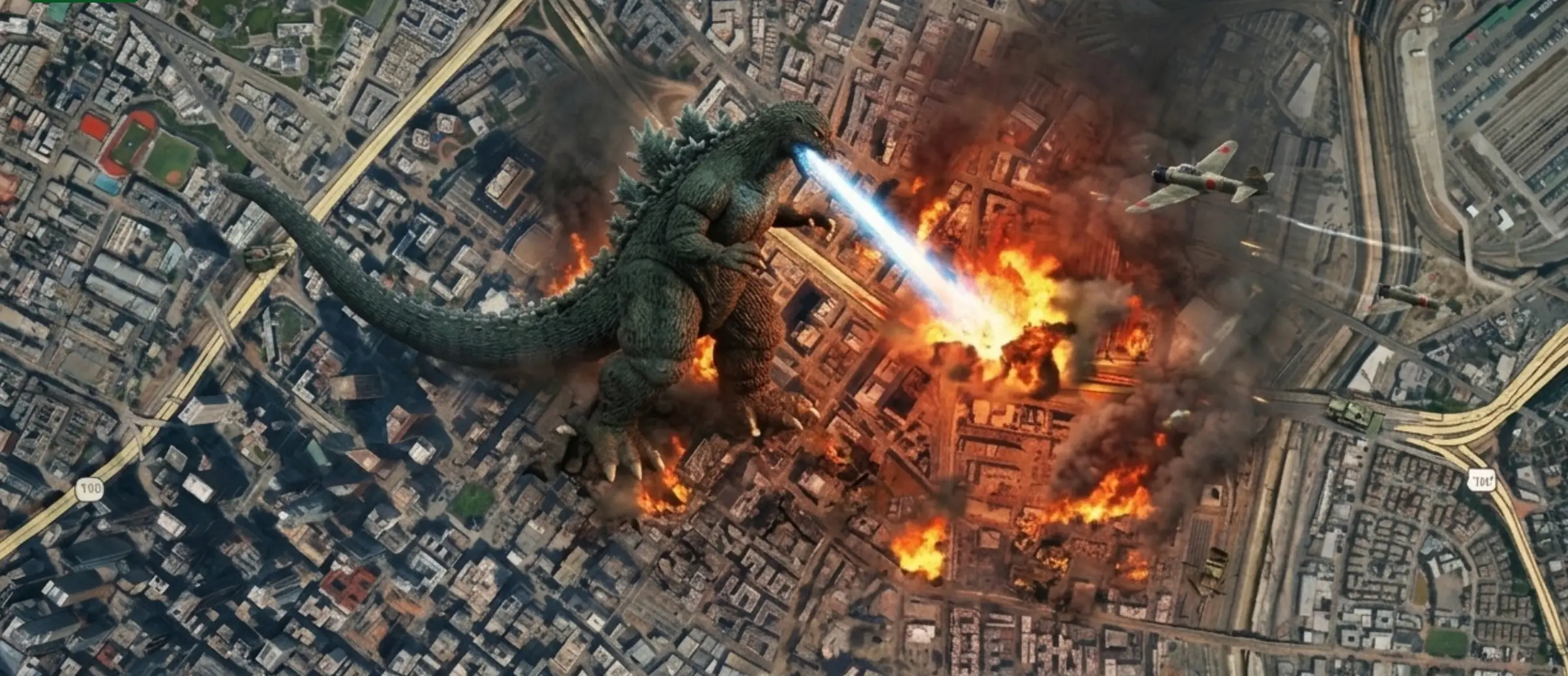Godzilla fires a blue energy beam over a burning city while military jets fly nearby.