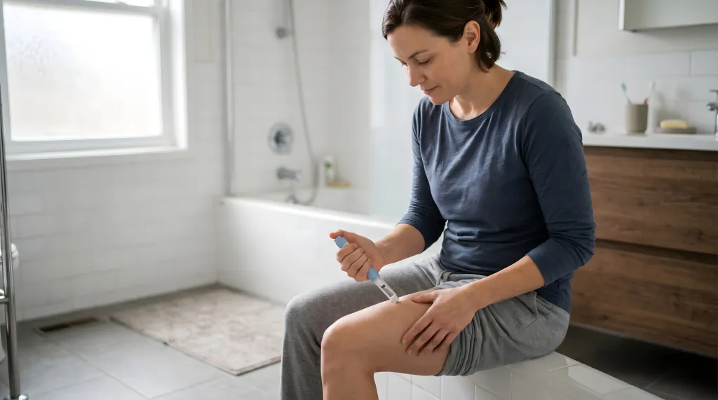 Woman injecting her thigh with a GLP-1 pen while sitting on the edge of a bathtub.