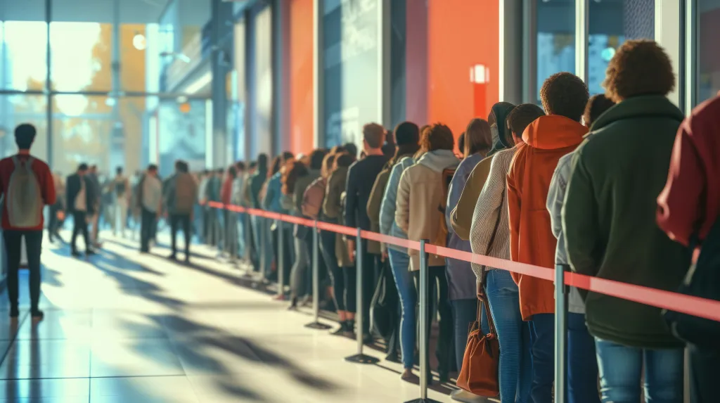 Illustration of a long queue of diverse people standing behind a red ribbon.