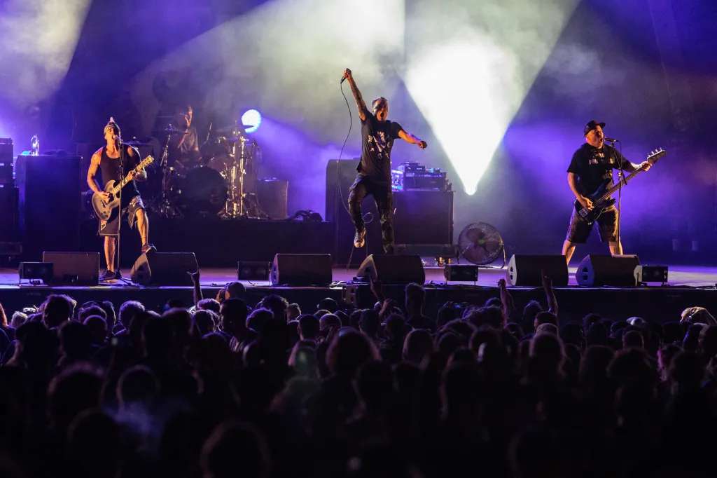 Band performing on stage at the Hellfest Open Air Festival.