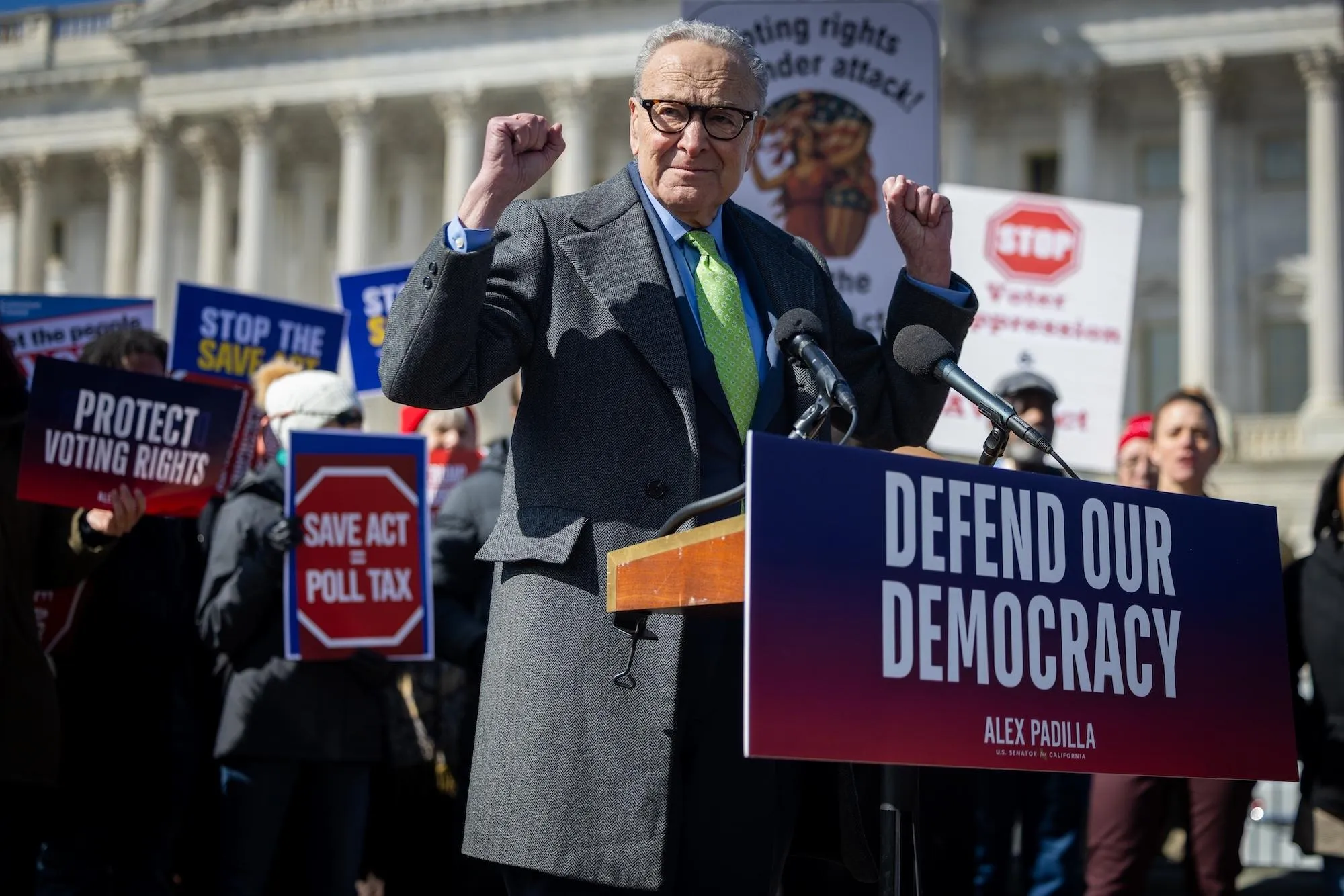  Senate Minority Leader Chuck Schumer (D-NY) speaks during a rally against the SAVE America Act outside the U.S. Capitol in Washington, DC, United States, on March 18, 2026
