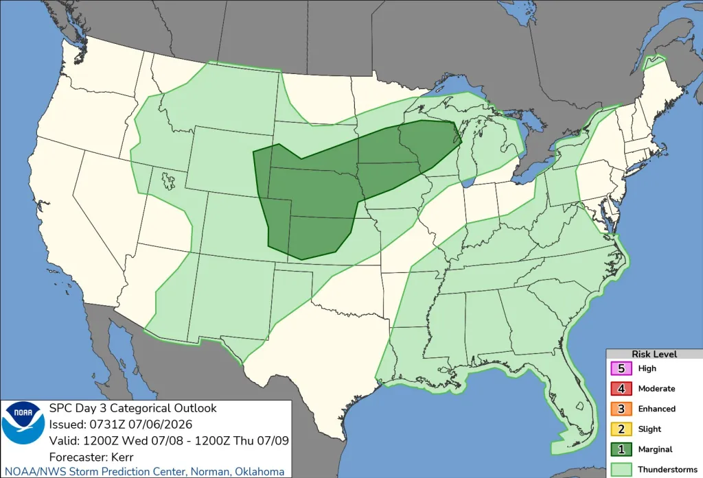 Illustration of a US map showing a slight risk of thunderstorms across the Central Plains to the Great Lakes and eastward into the Appalachians, with marginal risk in surrounding areas.