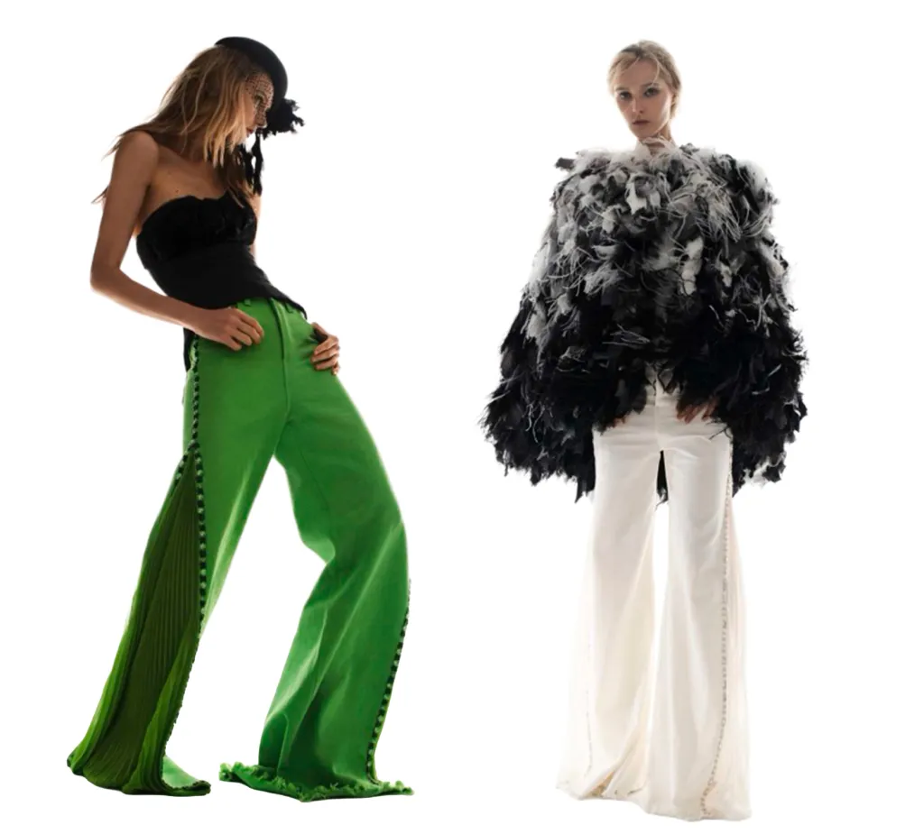 Two models wear different Levis couture outfits: one in a black top and green pleated pants, the other in a black and white feathered cape and white pants.