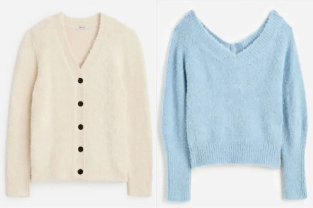 Collage of two sweaters recalled by Madewell: a cream-colored cardigan with buttons and a light blue V-neck sweater.