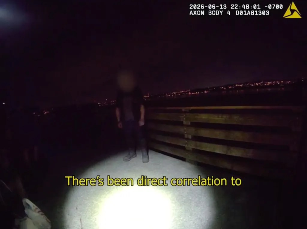 A night body camera footage of a person standing on a walkway next to a fence overlooking a city skyline.