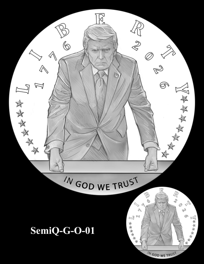 Illustration of Donald Trump in a suit, leaning forward, within a circular border with