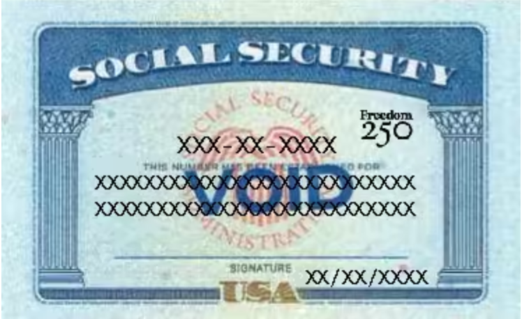 Illustration of a voided Social Security card with placeholder information.