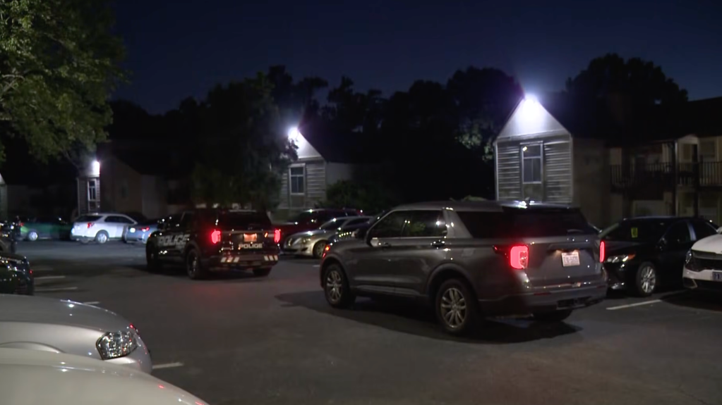 Police vehicle and other cars parked in front of buildings at night.
