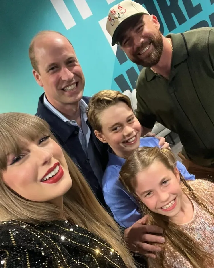 Taylor Swift, Travis Kelce, Prince William, Prince George, and Princess Charlotte smiling for a selfie.