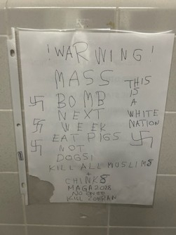 Hateful message including swastikas and threats of violence.
