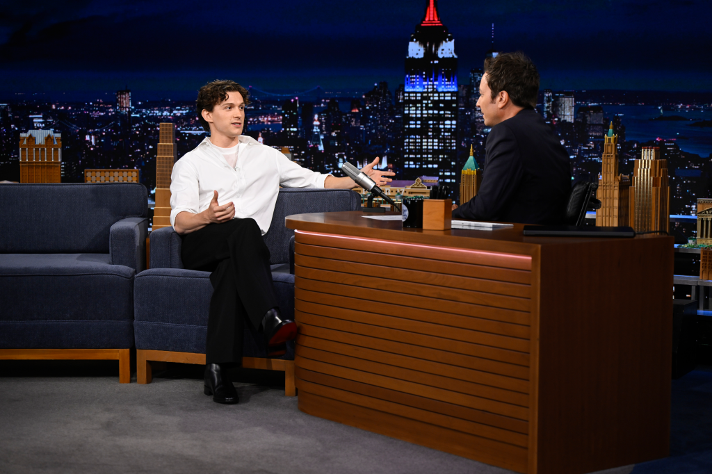 Tom Holland being interviewed by Jimmy Fallon on 