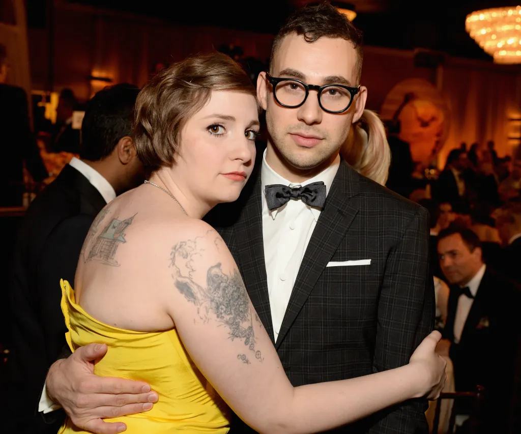 Actress/writer Lena Dunham and musician Jack Antonoff pose together.
