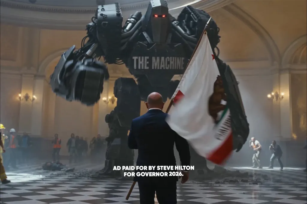 A bald man holding a California flag stands before a giant robot labeled 