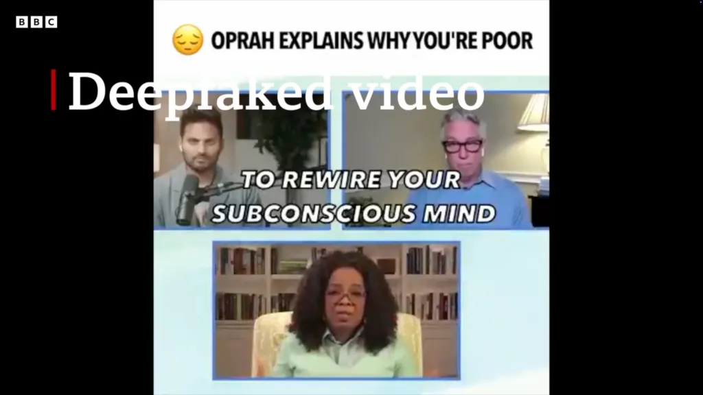 A video showing Oprah Winfrey, Piers Morgan, and another man in a deepfake advertisement.