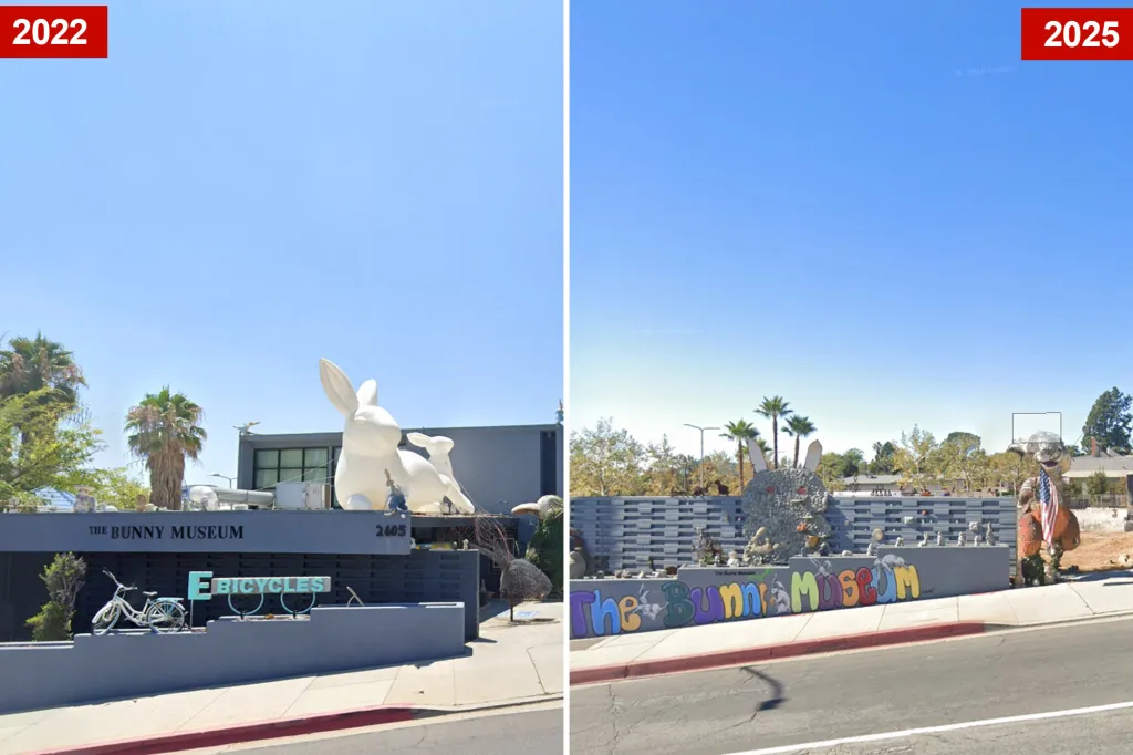 Collage of the Altadena Bunny Museum in 2022 and 2025.