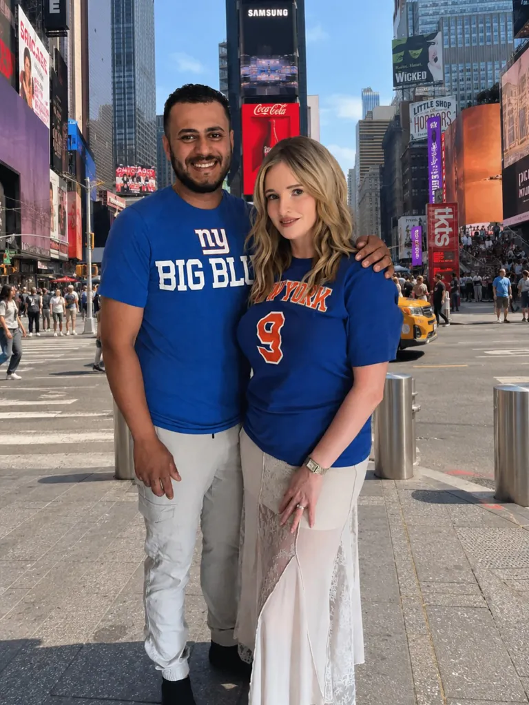 Ahmad Alsaqer and Jamey Carney posing together in Times Square.
