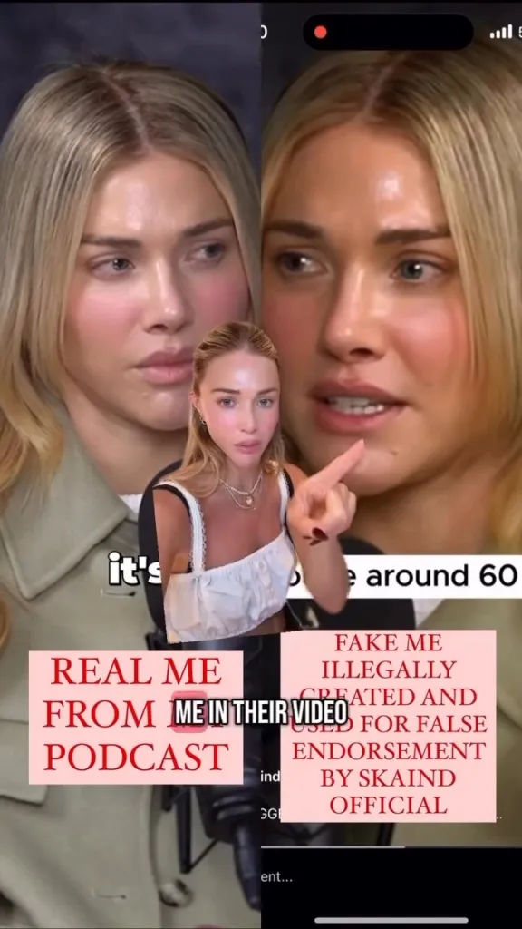 Collage of Arielle Lorre pointing to two videos of herself, comparing