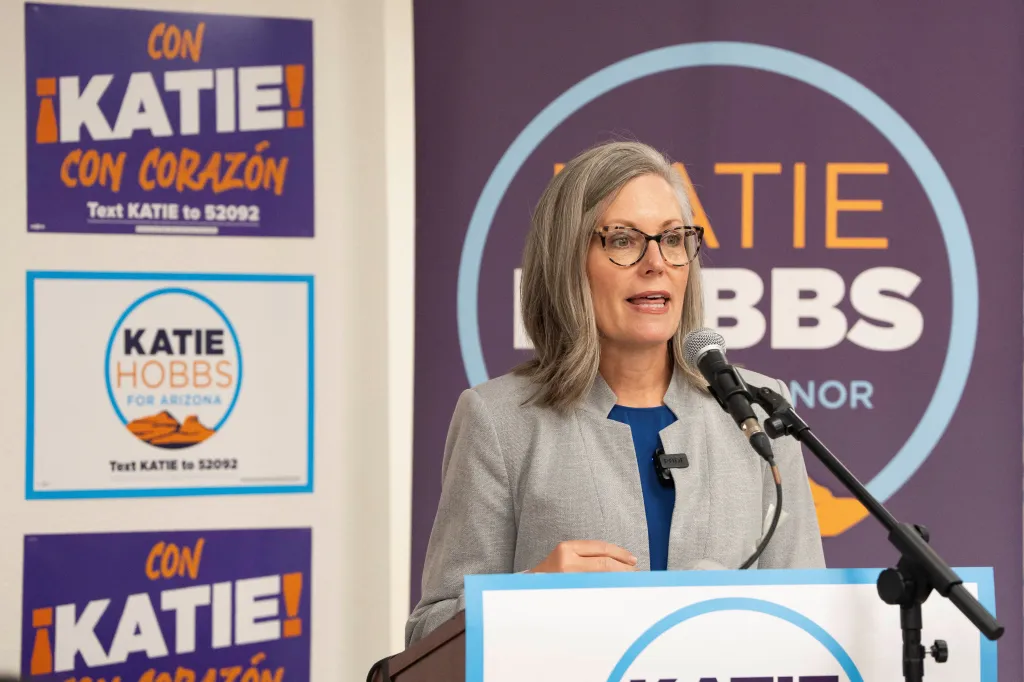 Arizona Gov. Katie Hobbs speaks at a primary election event in Phoenix, Arizona, on July 21, 2026.