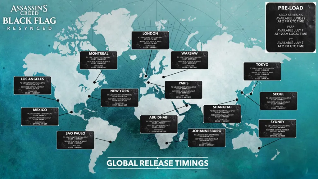 Assassin's Creed Black Flag Resynced Global Release Times Map