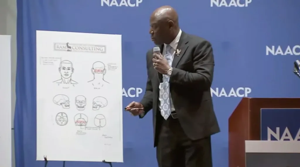 Attorney Ben Crump presenting independent autopsy findings for Nolan Wells, indicating head and skull injuries on an illustration next to him.