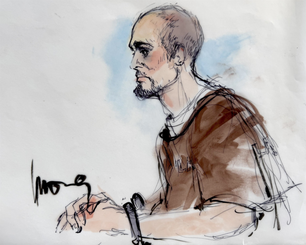 Illustration of Nick Reiner in a courtroom sketch, wearing a brown shirt and handcuffs, looking to the left.