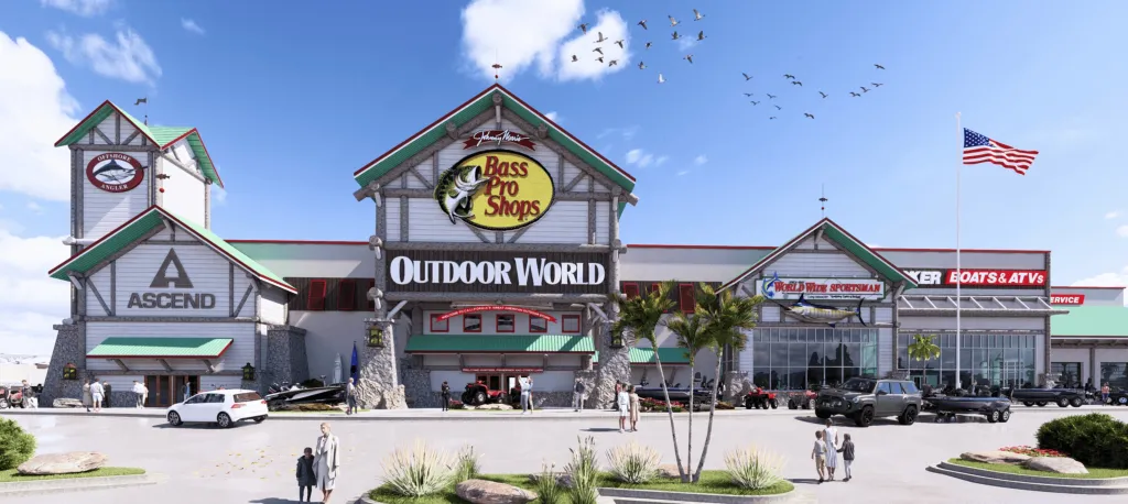Illustration of the exterior of a Bass Pro Shops Outdoor World store with a large Bass Pro Shops logo, an American flag, and various vehicles and boats in the parking lot.